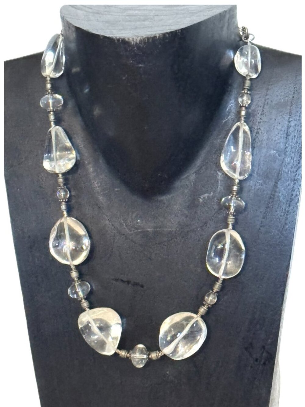 Chunky Necklace Clear Quartz or Glass Retro Modern Silver